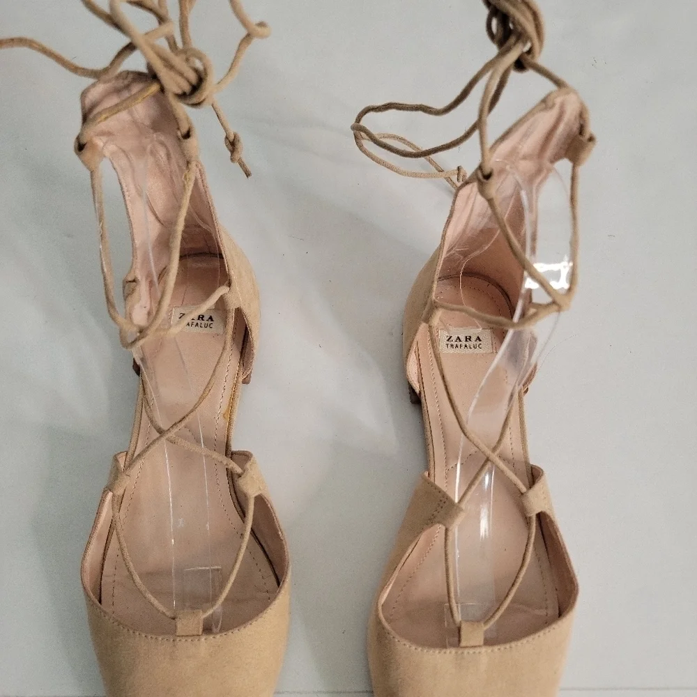 Zara Sz 38 8 Suede Lace Up Pointed Toe Ballet Flats Shoes Tan - Picture 3 of 8